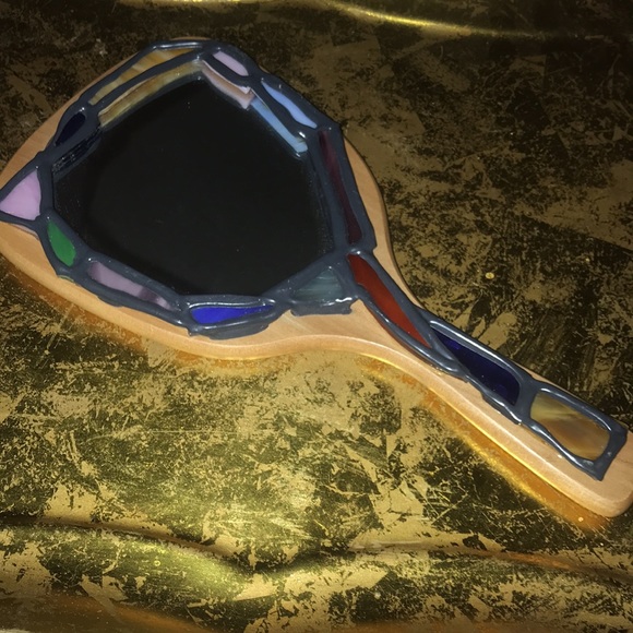 Unique Hand Mirror Wood W/Stained Glass Trim - Picture 4 of 12